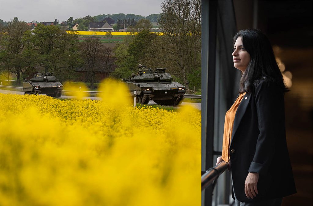 Bandvagnar och Nooshi Dadgostar. Foto: Axel Öberg/Försvarsmakten, Anna Tärnhuvud